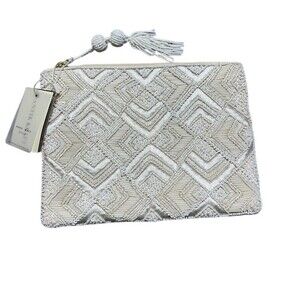 Antik Batik Clutch Wristlet Womens Small Ivory Geometric Beaded Sequin‎ Zip